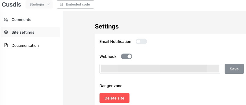 Cusdis 사이트 설정의 Webhook 입력창
