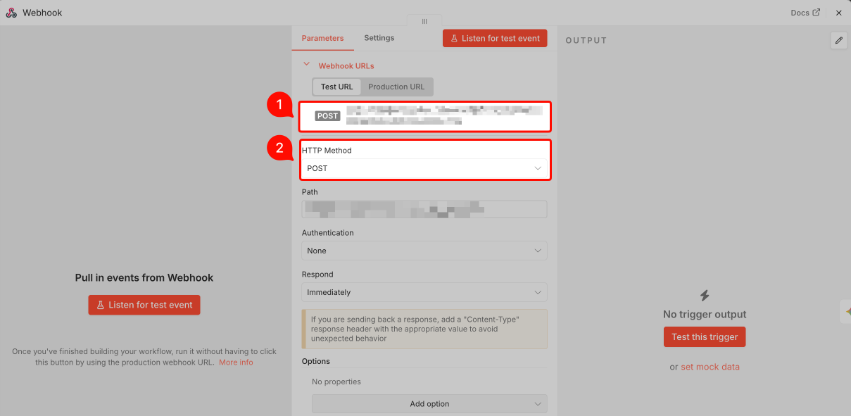 3. Webhook URL과 POST 방식을 설정합니다.